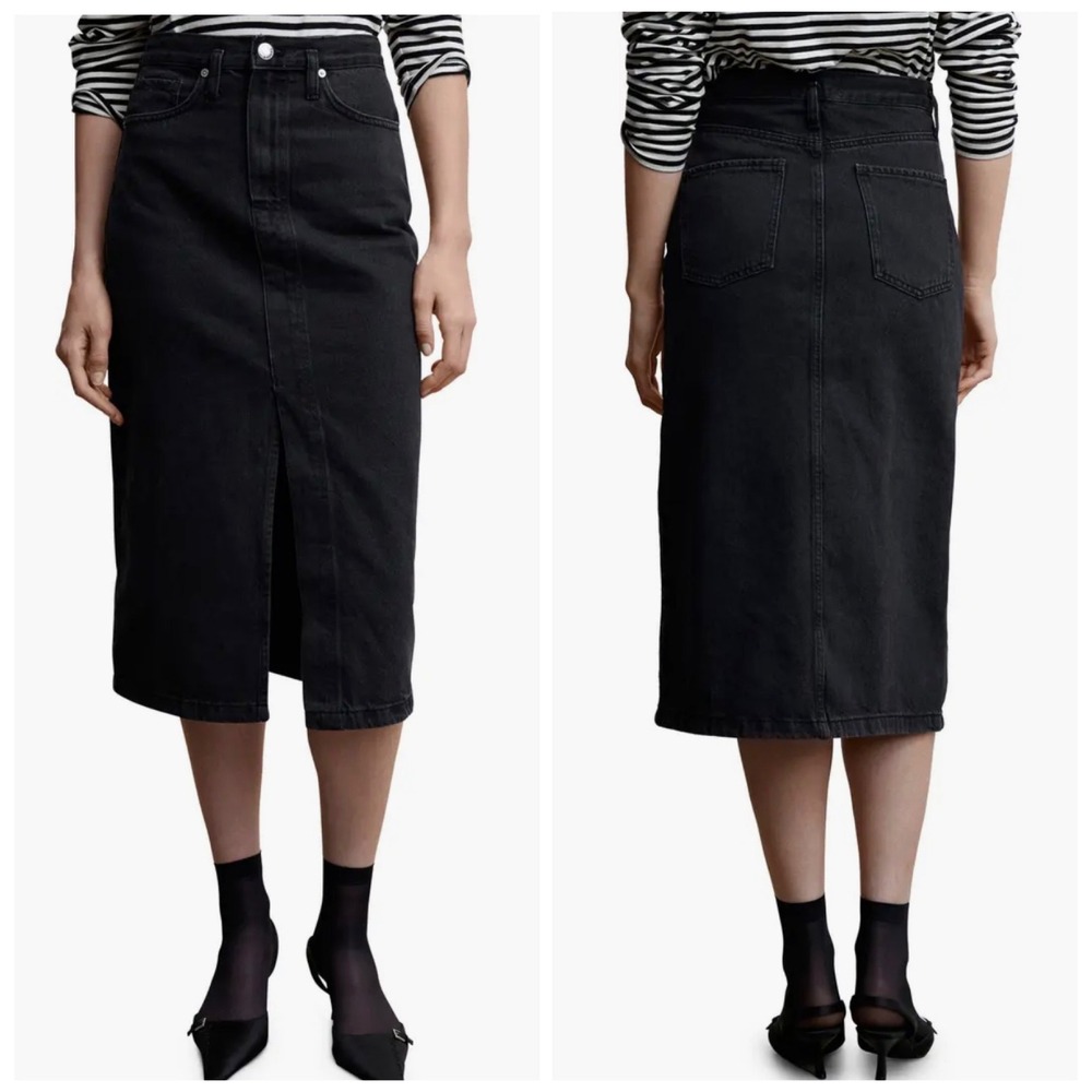 Mango Black Denim Midi Pencil Skirt with Center Front Slit